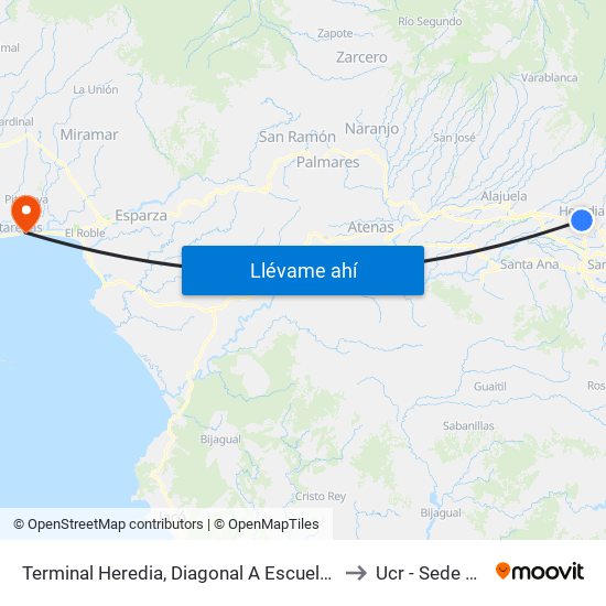 Terminal Heredia, Diagonal A Escuela Braulio Morales Cervantes to Ucr - Sede Del Pacífico map