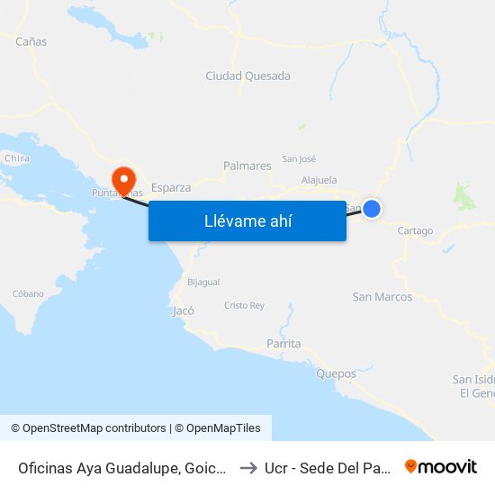 Oficinas Aya Guadalupe, Goicoechea to Ucr - Sede Del Pacífico map