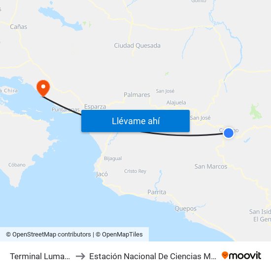 Terminal Lumaca Cartago to Estación Nacional De Ciencias Marino Costeras - Una map