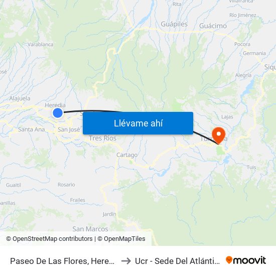 Paseo De Las Flores, Heredia to Ucr - Sede Del Atlántico map