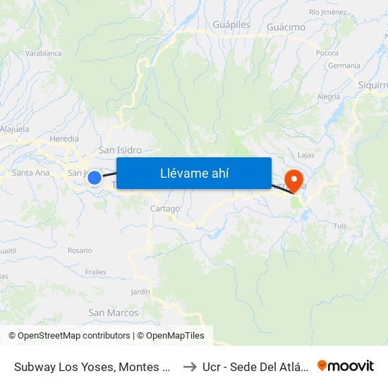 Subway Los Yoses, Montes De Oca to Ucr - Sede Del Atlántico map