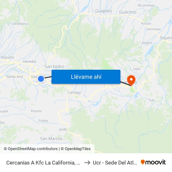 Cercanías A Kfc La California, San José to Ucr - Sede Del Atlántico map