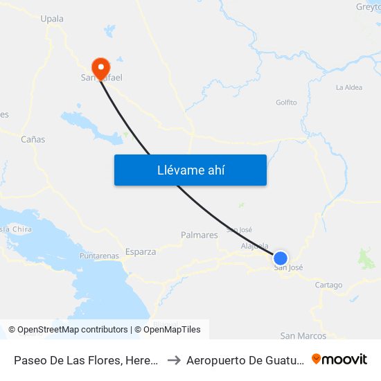 Paseo De Las Flores, Heredia to Aeropuerto De Guatuso map