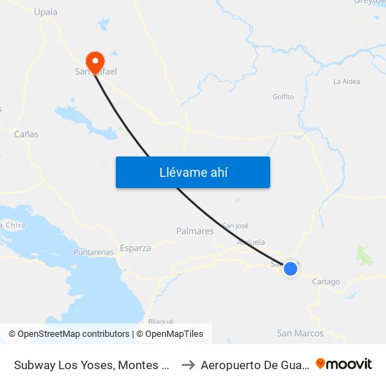 Subway Los Yoses, Montes De Oca to Aeropuerto De Guatuso map