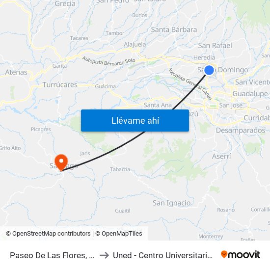 Paseo De Las Flores, Heredia to Uned - Centro Universitario Puriscal map