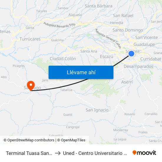 Terminal Tuasa San José to Uned - Centro Universitario Puriscal map