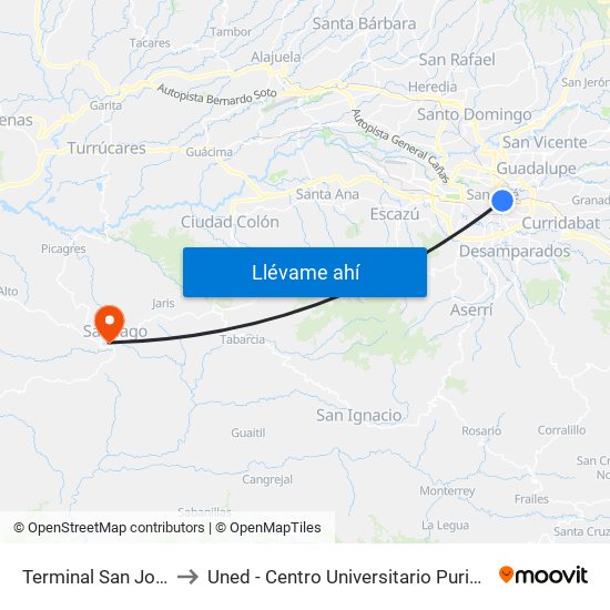 Terminal San José to Uned - Centro Universitario Puriscal map