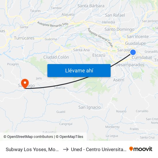 Subway Los Yoses, Montes De Oca to Uned - Centro Universitario Puriscal map