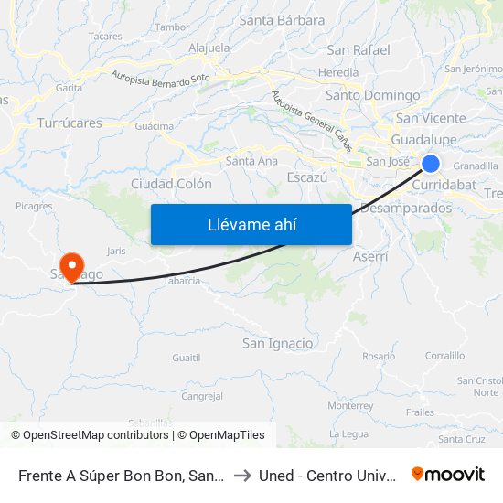 Frente A Súper Bon Bon, San Pedro Montes De Oca to Uned - Centro Universitario Puriscal map