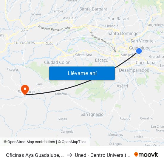 Oficinas Aya Guadalupe, Goicoechea to Uned - Centro Universitario Puriscal map