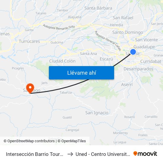 Intersección Barrio Tournon, San José to Uned - Centro Universitario Puriscal map