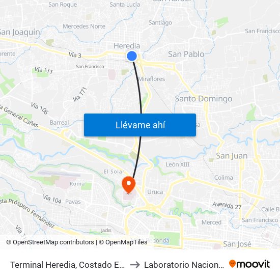 Terminal Heredia, Costado Este Parque El Carmén to Laboratorio Nacional De Citologías map