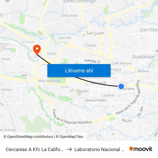 Cercanías A Kfc La California, San José to Laboratorio Nacional De Citologías map