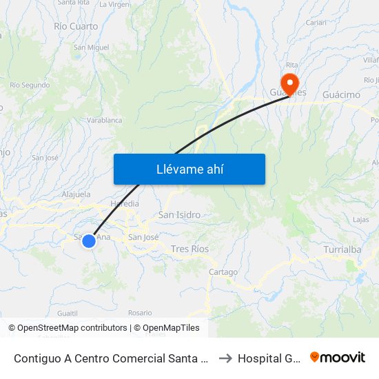 Contiguo A Centro Comercial Santa Ana Town Center to Hospital Guápiles map