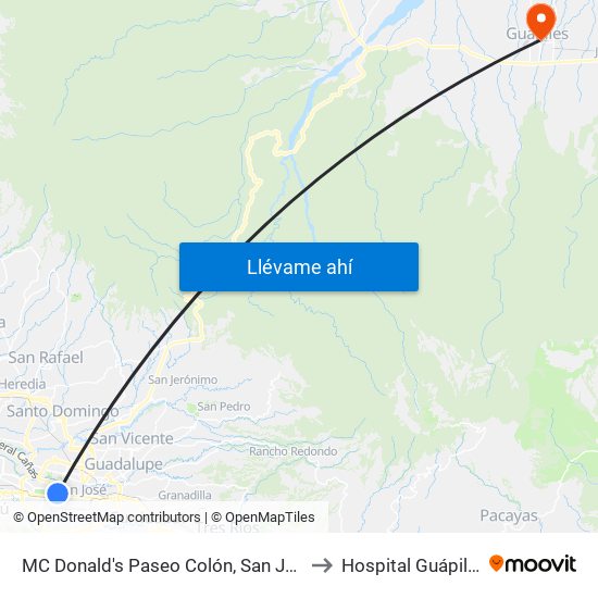 MC Donald's Paseo Colón, San José to Hospital Guápiles map
