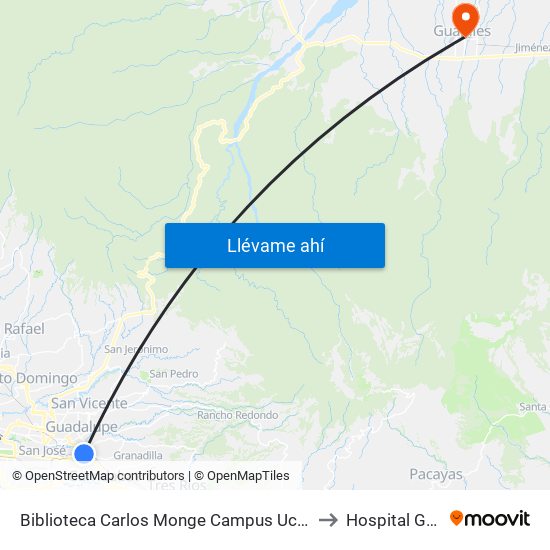 Biblioteca Carlos Monge Campus Ucr, Montes De Oca to Hospital Guápiles map