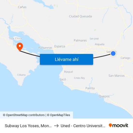 Subway Los Yoses, Montes De Oca to Uned - Centro Universitario Jicaral map