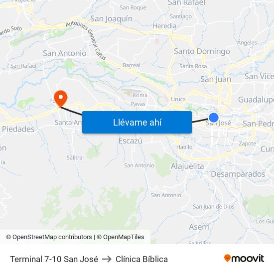 Terminal 7-10 San José to Clínica Bíblica map