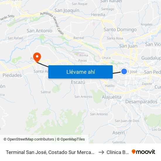 Terminal San José, Costado Sur Mercado La Coca Cola to Clínica Bíblica map