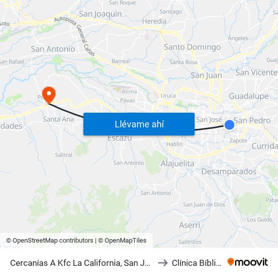 Cercanías A Kfc La California, San José to Clínica Bíblica map