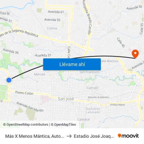 Más X Menos Mántica, Autopista General Cañas San José to Estadio José Joaquín ""Coyella"" Fonseca map