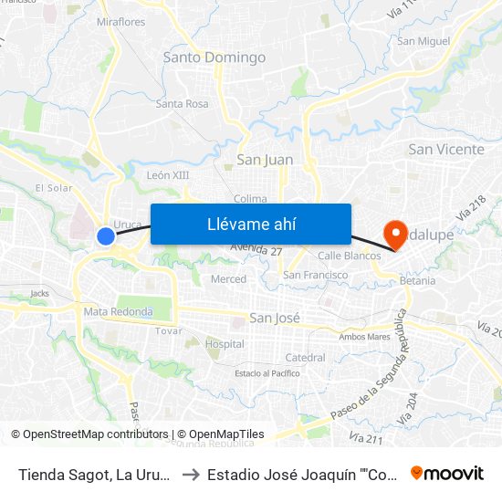 Tienda Sagot, La Uruca San José to Estadio José Joaquín ""Coyella"" Fonseca map