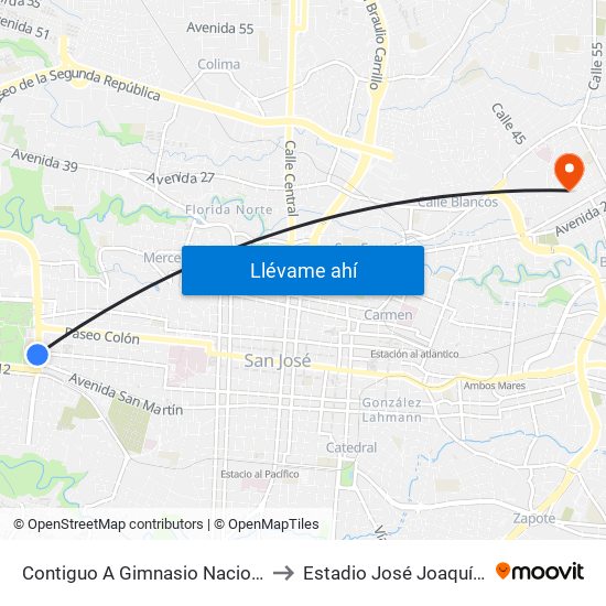 Contiguo A Gimnasio Nacional, Sabana Este San José to Estadio José Joaquín ""Coyella"" Fonseca map