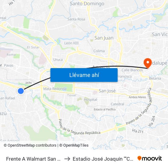Frente A Walmart San Rafael, Escazú to Estadio José Joaquín ""Coyella"" Fonseca map