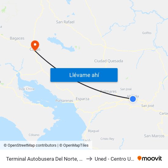 Terminal Autobusera Del Norte, Radial Francisco J. Orlich Alajuela to Uned - Centro Universitario Cañas map