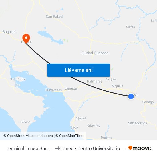 Terminal Tuasa San José to Uned - Centro Universitario Cañas map