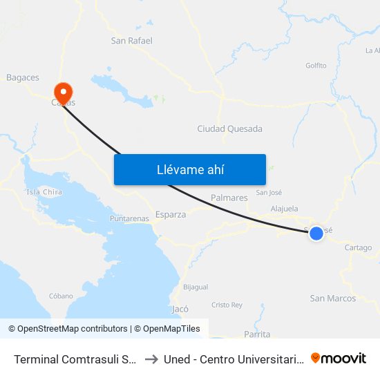 Terminal Comtrasuli San José to Uned - Centro Universitario Cañas map
