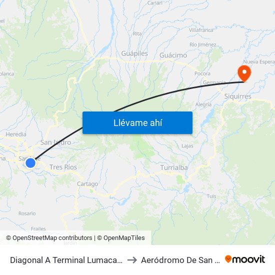 Diagonal A Terminal Lumaca San José to Aeródromo De San Alberto map