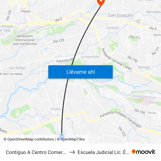 Contiguo A Centro Comercial Santa Ana Town Center to Escuela Judicial Lic. Édgar Cervantes Villalta map