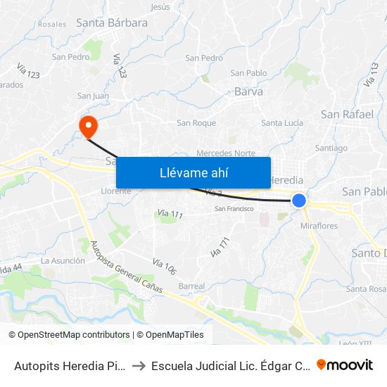 Autopits Heredia Pirro, Heredia to Escuela Judicial Lic. Édgar Cervantes Villalta map