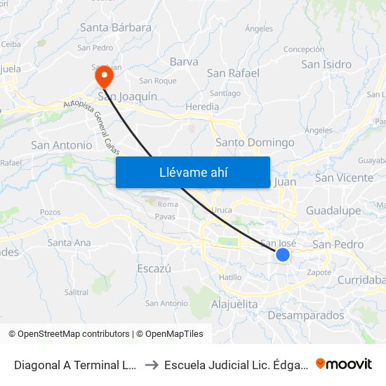 Diagonal A Terminal Lumaca San José to Escuela Judicial Lic. Édgar Cervantes Villalta map