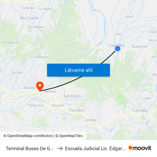 Terminal Buses De Guápiles, Pococí to Escuela Judicial Lic. Édgar Cervantes Villalta map