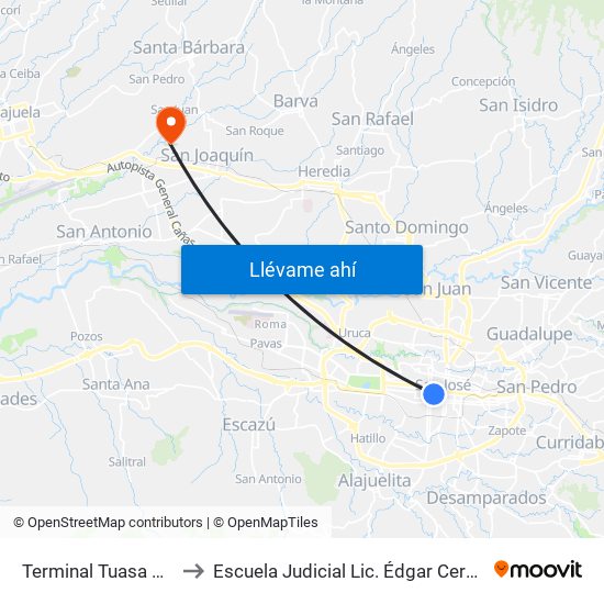 Terminal Tuasa San José to Escuela Judicial Lic. Édgar Cervantes Villalta map