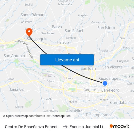 Centro De Enseñanza Especial Rogelio Centeno Güel, Goicoechea to Escuela Judicial Lic. Édgar Cervantes Villalta map