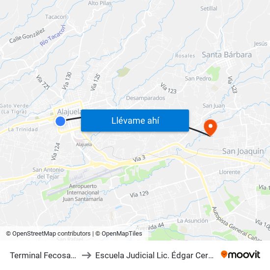 Terminal Fecosa Alajuela to Escuela Judicial Lic. Édgar Cervantes Villalta map