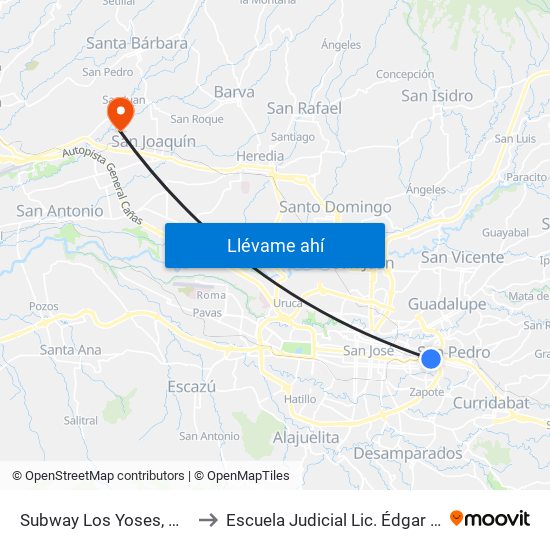 Subway Los Yoses, Montes De Oca to Escuela Judicial Lic. Édgar Cervantes Villalta map