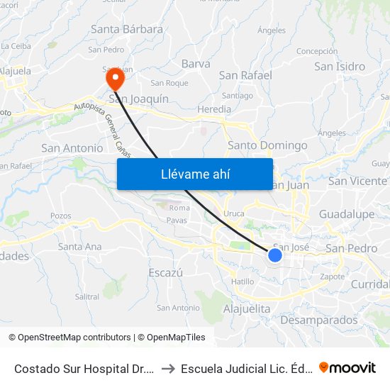 Costado Sur Hospital Dr. Raúl Blanco Cervantes to Escuela Judicial Lic. Édgar Cervantes Villalta map