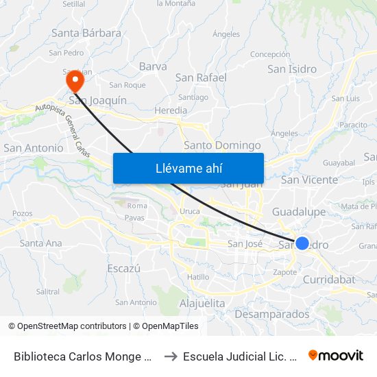 Biblioteca Carlos Monge Campus Ucr, Montes De Oca to Escuela Judicial Lic. Édgar Cervantes Villalta map