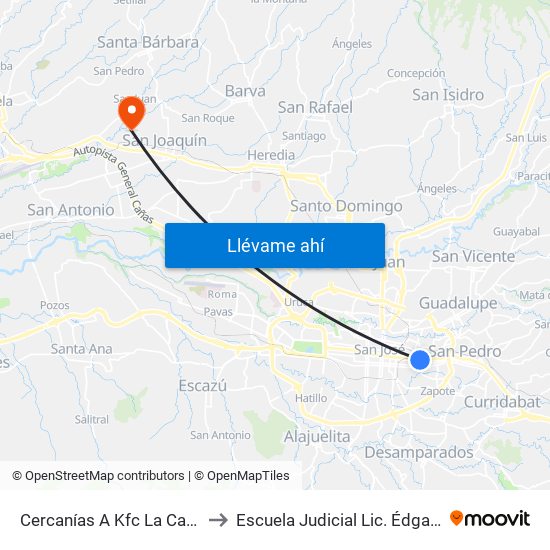Cercanías A Kfc La California, San José to Escuela Judicial Lic. Édgar Cervantes Villalta map