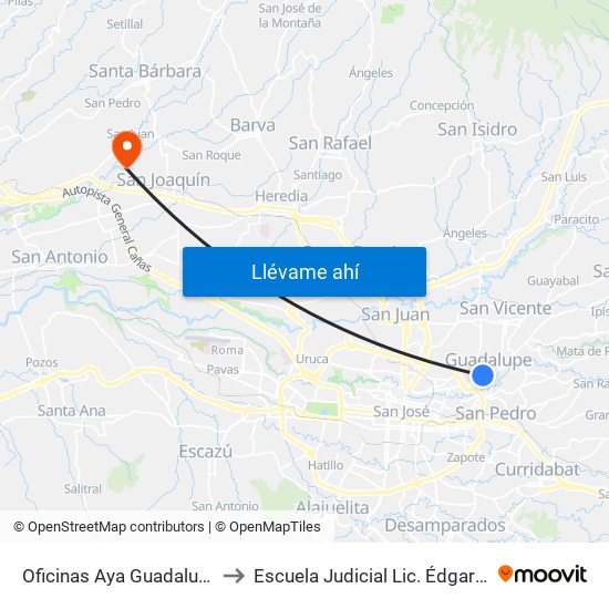 Oficinas Aya Guadalupe, Goicoechea to Escuela Judicial Lic. Édgar Cervantes Villalta map