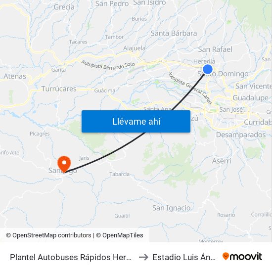 Plantel Autobuses Rápidos Heredianos, Pirro Heredia to Estadio Luis Ángel Calderón map