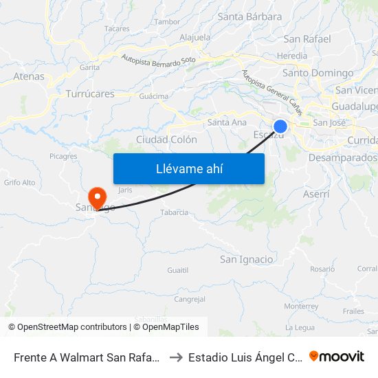 Frente A Walmart San Rafael, Escazú to Estadio Luis Ángel Calderón map