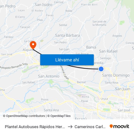 Plantel Autobuses Rápidos Heredianos, Pirro Heredia to Camerinos Carlos Luis Fallas map