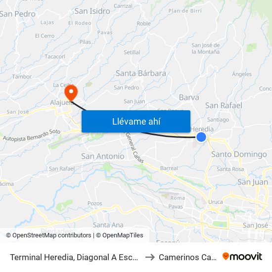 Terminal Heredia, Diagonal A Escuela Braulio Morales Cervantes to Camerinos Carlos Luis Fallas map