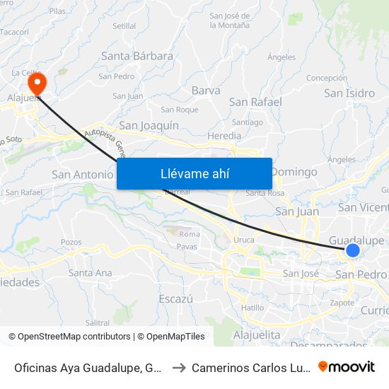 Oficinas Aya Guadalupe, Goicoechea to Camerinos Carlos Luis Fallas map