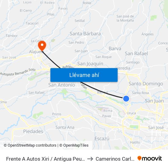 Frente A Autos Xiri / Antigua Peugeot, La Valencia Heredia to Camerinos Carlos Luis Fallas map